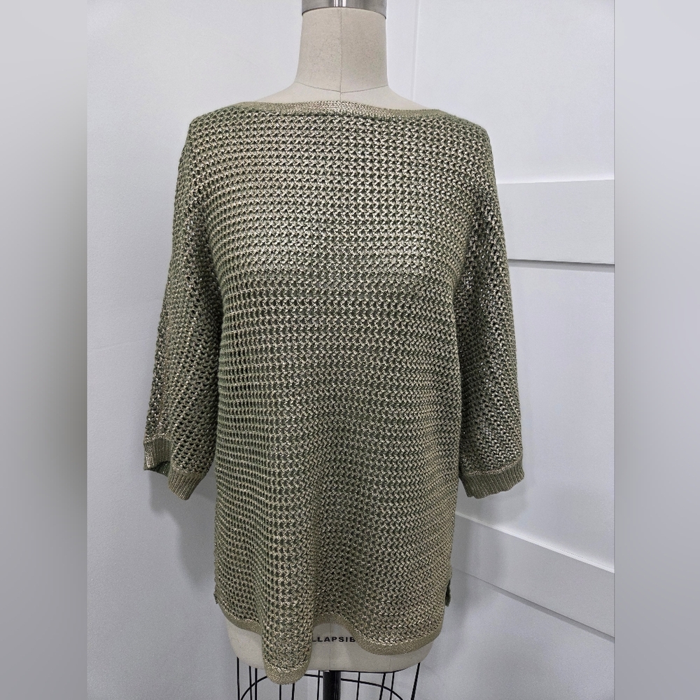 Chico's Olive and Gold Metallic Open-knit Pullover Festive Sweater Size 2/ Large